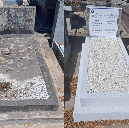 reparación completa del jardín con cabecera de acrílico doble Garden refurbishment and installation of a double acrylic headstone